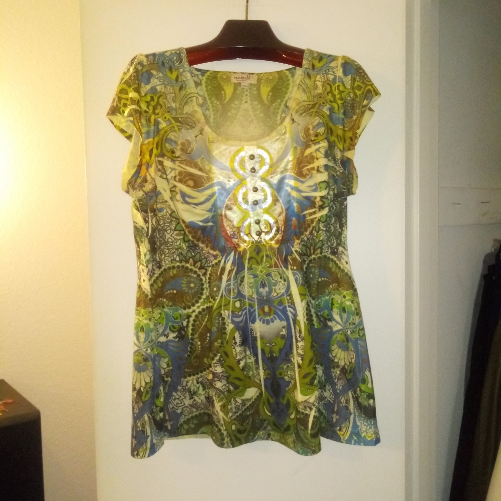 One World Multi-Colored Short Sleeve Blouse